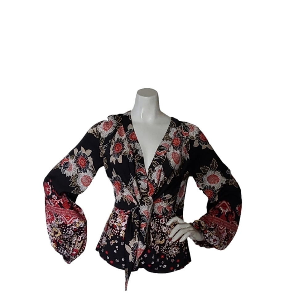 FREE PEOPLE COAL COMBO LONG SLEEVES TIED FRONT BLOUSE SIZE XS - Picture 3 of 3
